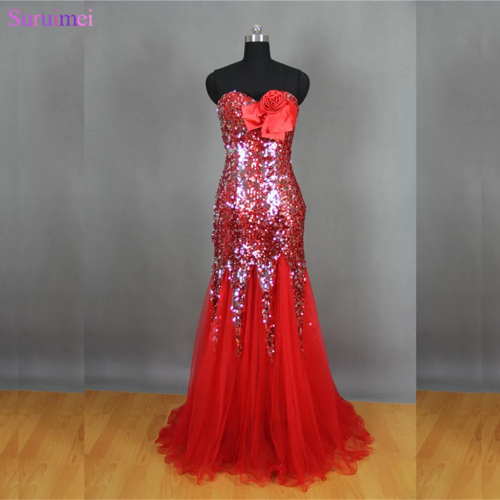 F Bling Bling Sparkly Long Evening Dresses Sweetheart Bodice High Quality Tulle Sequins With Handmade Flower Red Prom Dresses Bridesmaid Dress