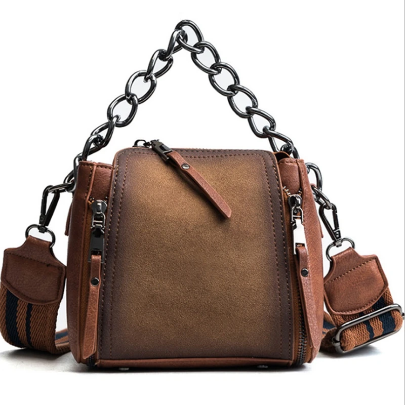 

LJL-Shaped Scrub Leather Design Crossbody Bag Women Bag Chain Stripe Wide Strap Shoulder Bag Flap Bucket Bag