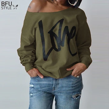 

2020 Large Size Women Sweatshirts Sexy LOVE Letter Printed Off Shoulder Long Sleeved Pullovers Hoodies Autumn Winter Casual Tops