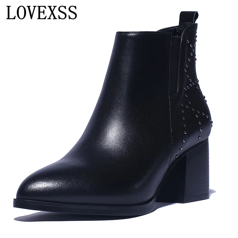 

LOVEXSS Women Cow Leather Pointed Toe Ankle Boots Zipper rivet Square heel Black Grey Cow Leather Pointed Toe Ankle Boots 2017