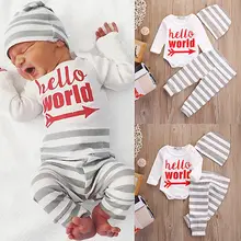 Pudcoco/повседневный комплект из 3 предметов для маленьких мальчиков и девочек, топы «Hello World», комбинезон+ длинные леггинсы в полоску, штаны, шапка, хлопковая одежда для новорожденных, одежда для детей 0-18 месяцев