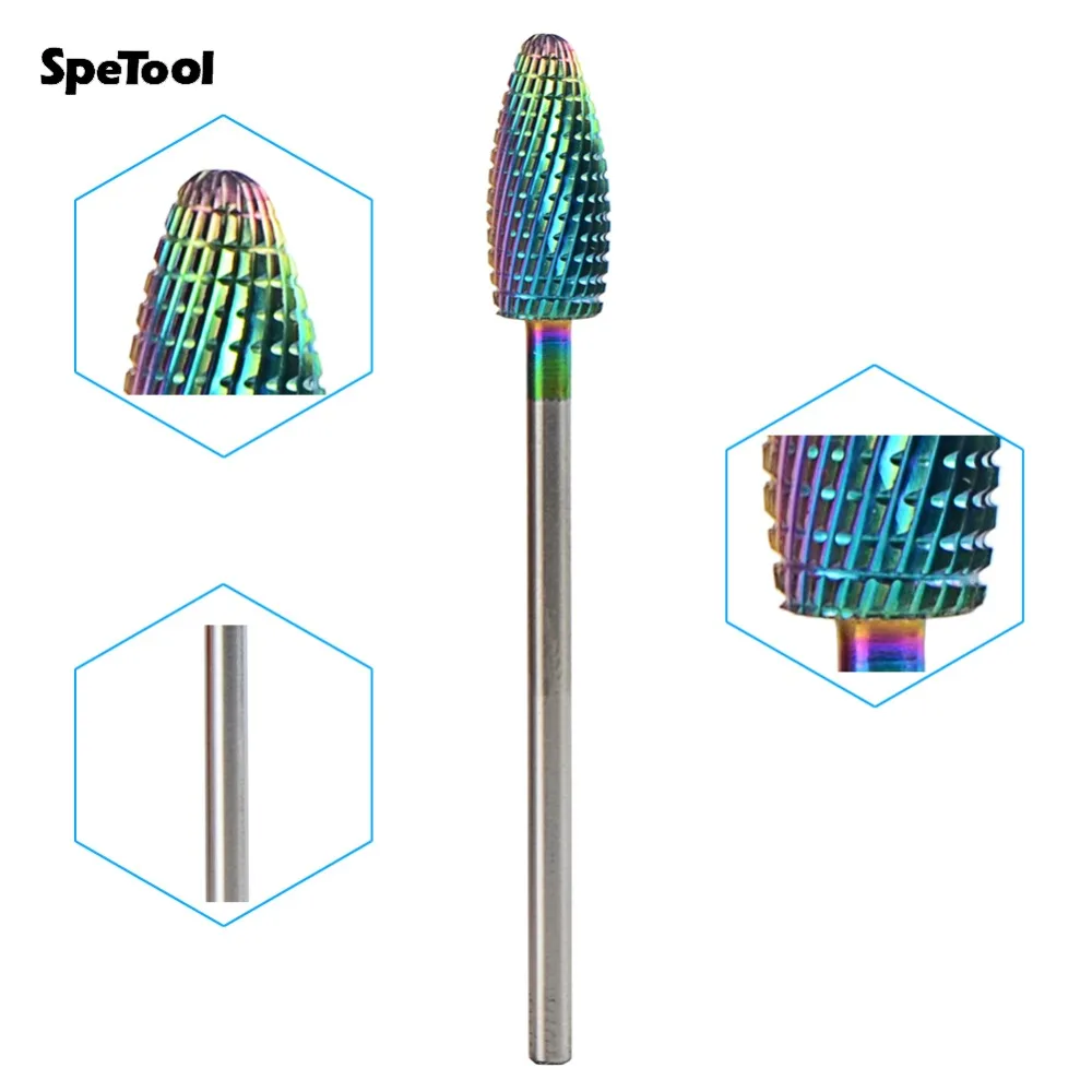 

SpeTool Multi-color Coated Tungsten Carbide Nail Drill Bit Professional Accessory For Electric Manicure 3/32'' Shank Diameter