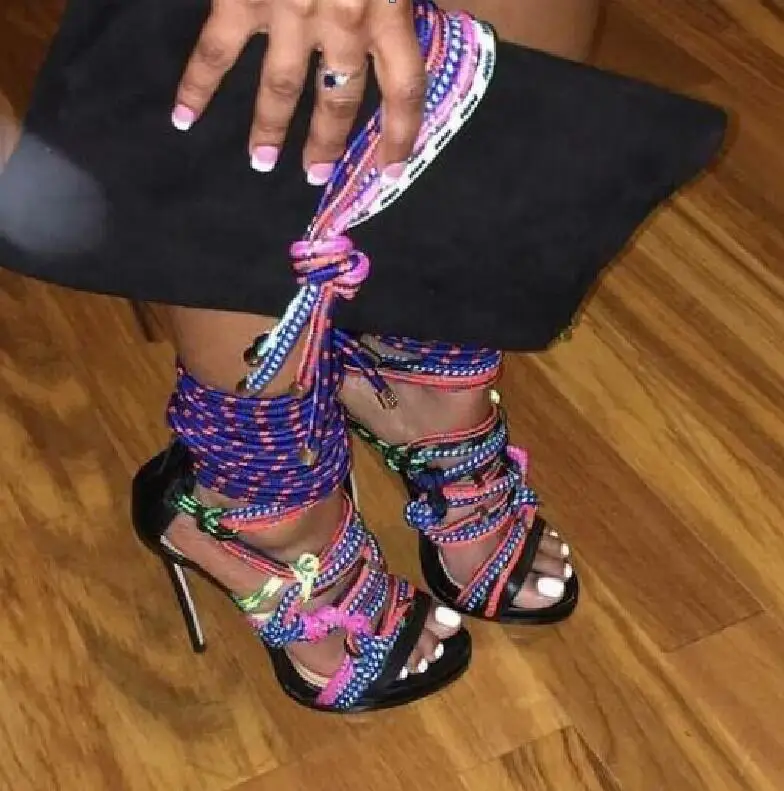 

Open Toe Multicolor Rope Gladiator Stiletto Sandal Rome Design High Heel Lace Up Sandals Shoes Platform Party Dress Shoes