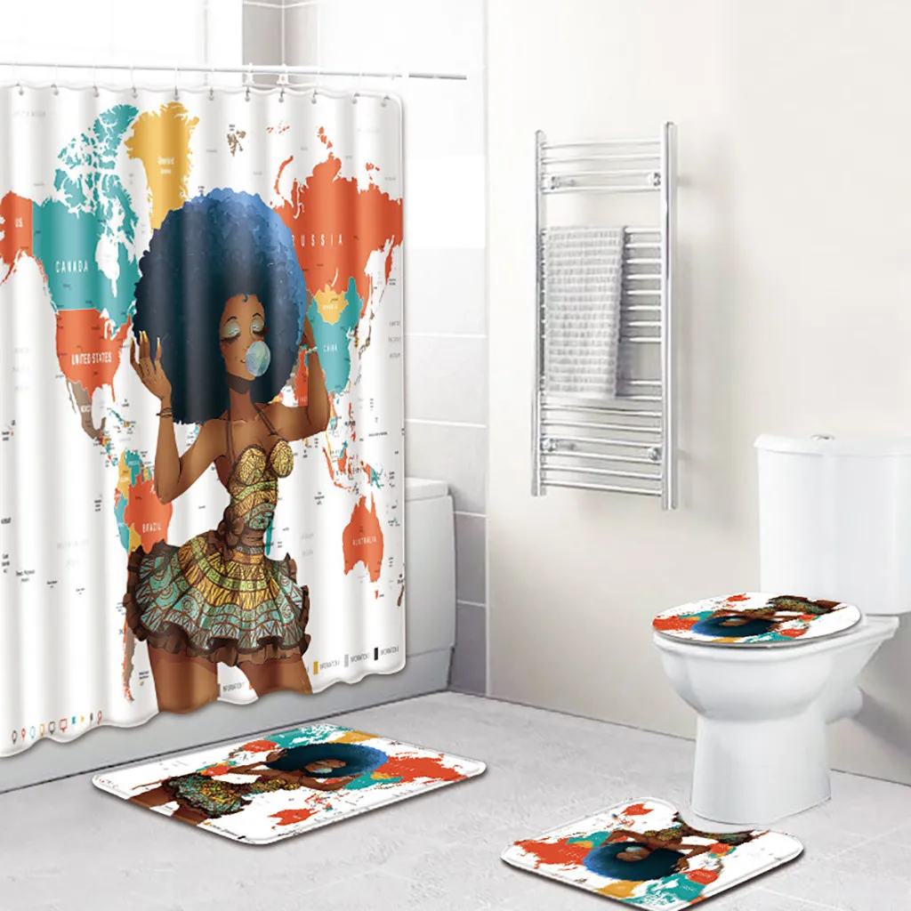 Ouneed 4PCS set Creative african girls prints Bathroom Shower Curtains set Non Slip pattern Toilet Shower curtains Cover Mat set