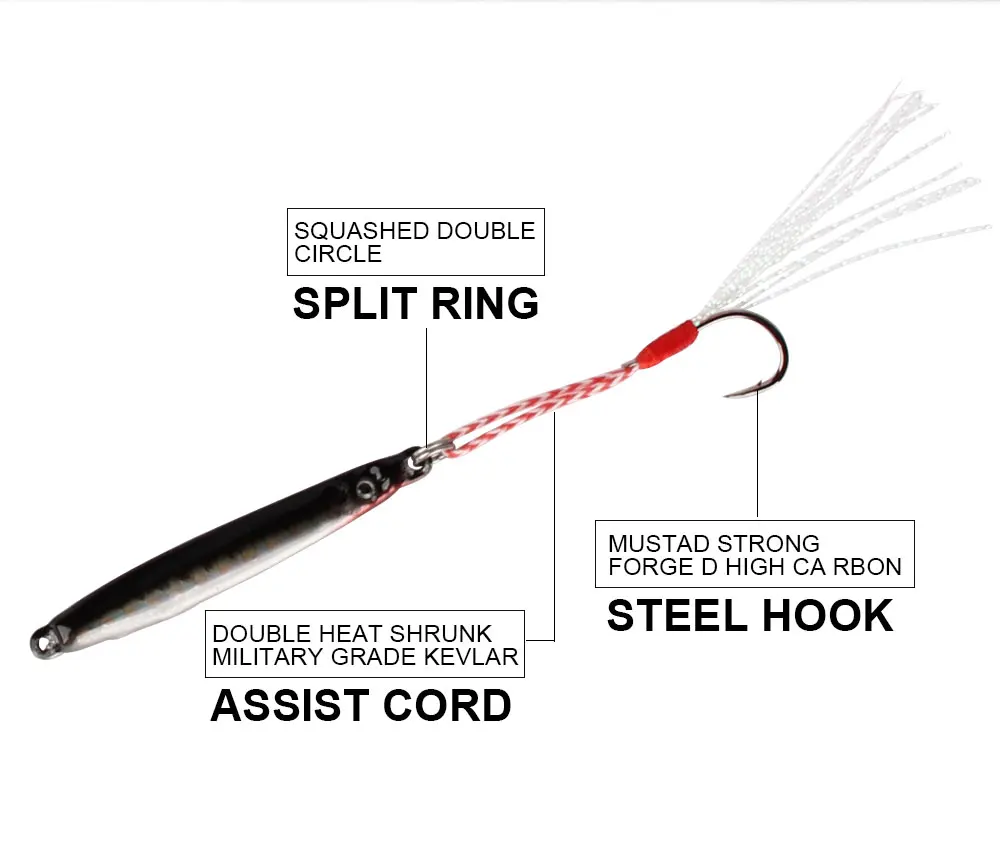RoseWood 4pcs Flat Fall Iron Vertical Jigs MUSTAD Hooks & Heavy Pressed Solid Rings Assist Cords 8.5g Metal Jig Fishing Lure  (2)
