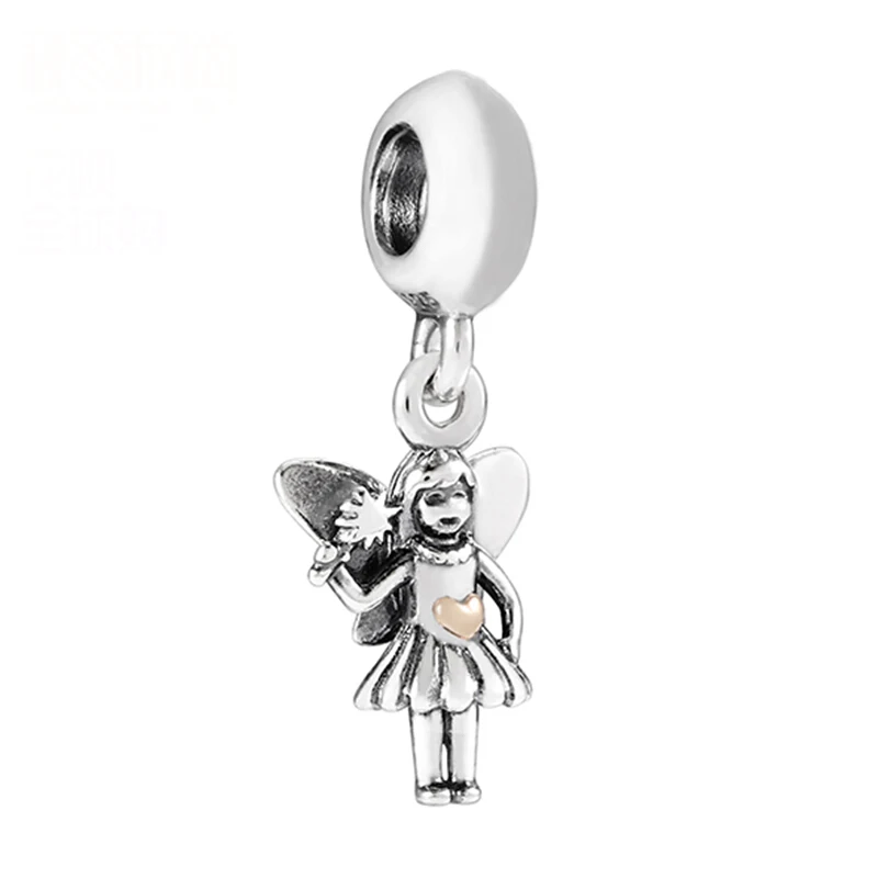 

New 925 Sterling Silver Bead Charm Cute Fairy With Gold Color Heart Pendant Beads Fit Pandora Bracelet Bangle DIY Jewelry