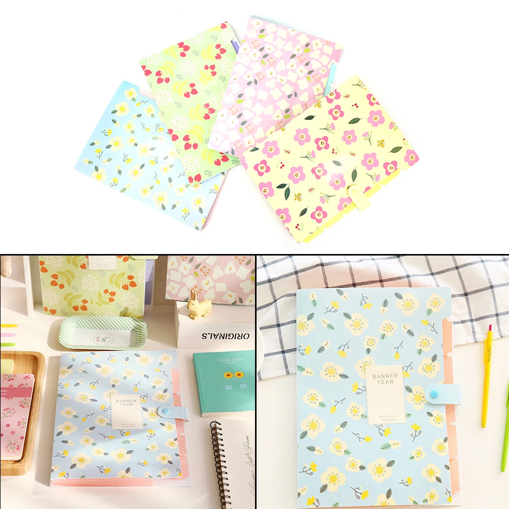 1pc New 5 Pocket Plastic Flower Candy Color Document Bag File Folder Expanding Wallet Bill Folder Small Size 32*23*1.7cm