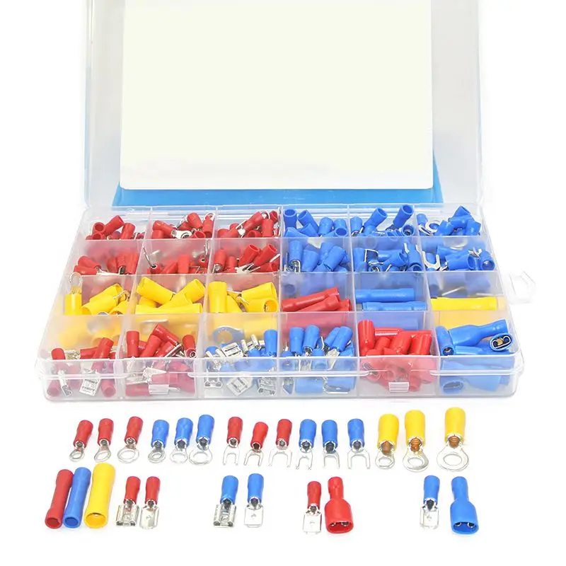 

JFBL Hot 373Pcs 24value Assorted Insulated Electrical Wire Terminals Crimp Connector Spade Butt Ring Fork Set #4 to 1/4 inch