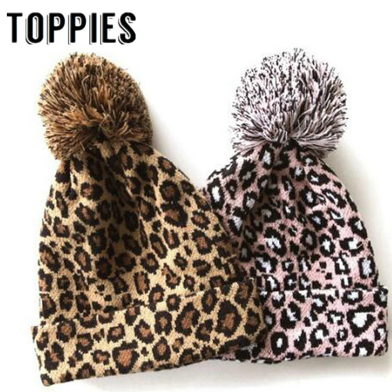 

2019 Winter Trendy Pom-pom Up Leopard Beanie Warm Knitting Leopard Hats For Women