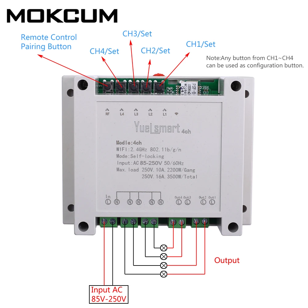 

AC 85V-250V with Remote Control 4-Channel 2.4G IoT 10A Wireless WIFI Intelligent Control Switch Self-Locking Relay Module