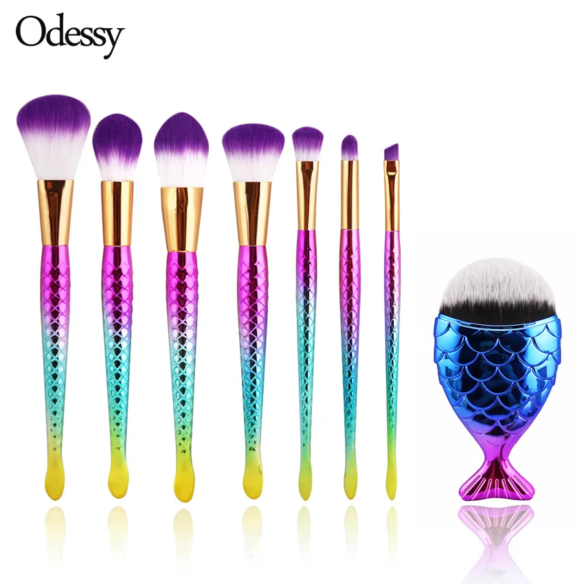 8Pcs Mermaid Shaped Makeup Brush Set Big Fish Tail Foundation Powder Eyeshadow Make Up Brushes Contour