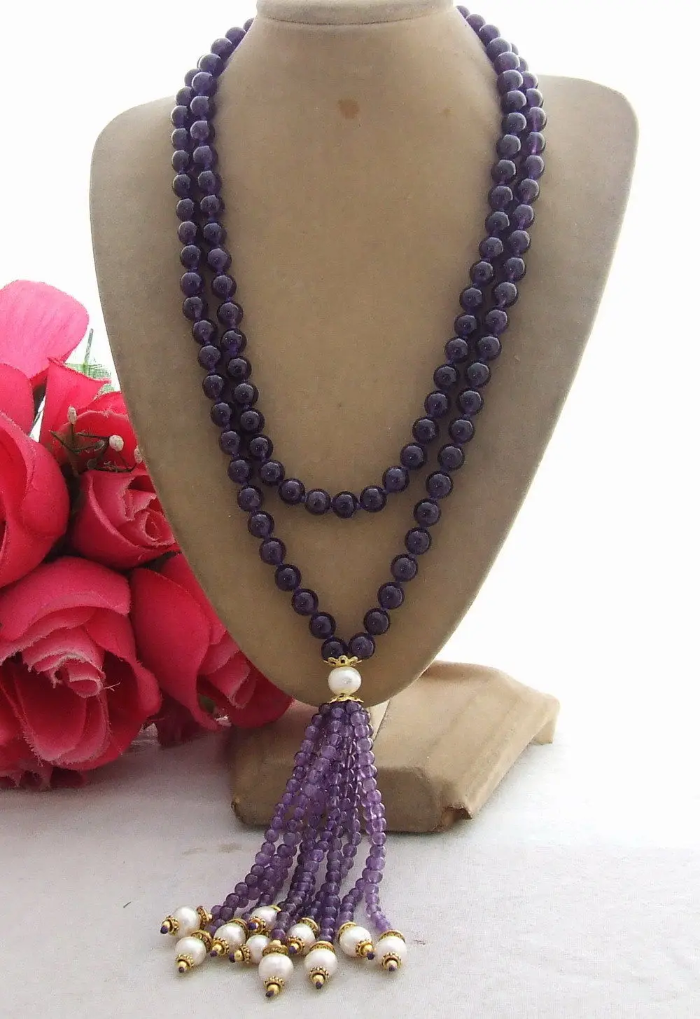 

KE022708 Excellent! 40" White Pearl Round Amehyst Necklace