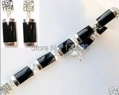 Fashion Jewellery Women's Stylish Black Jade Bracelet Earring set Silver hook..wholesale shipping Free