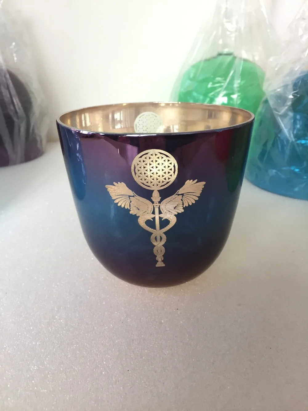 

Alchemy crystal singing bowl with carved design "flower of life & Serpent Ward",4th octave 6.5 inch perfect "D" note,432HZ