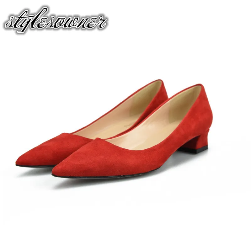 

Stylesowner Hand-made Top Quality Flock Woman Office Shoes Low heels Pointed Toe Thick Heels Shallow All-match Slip-on Shoes