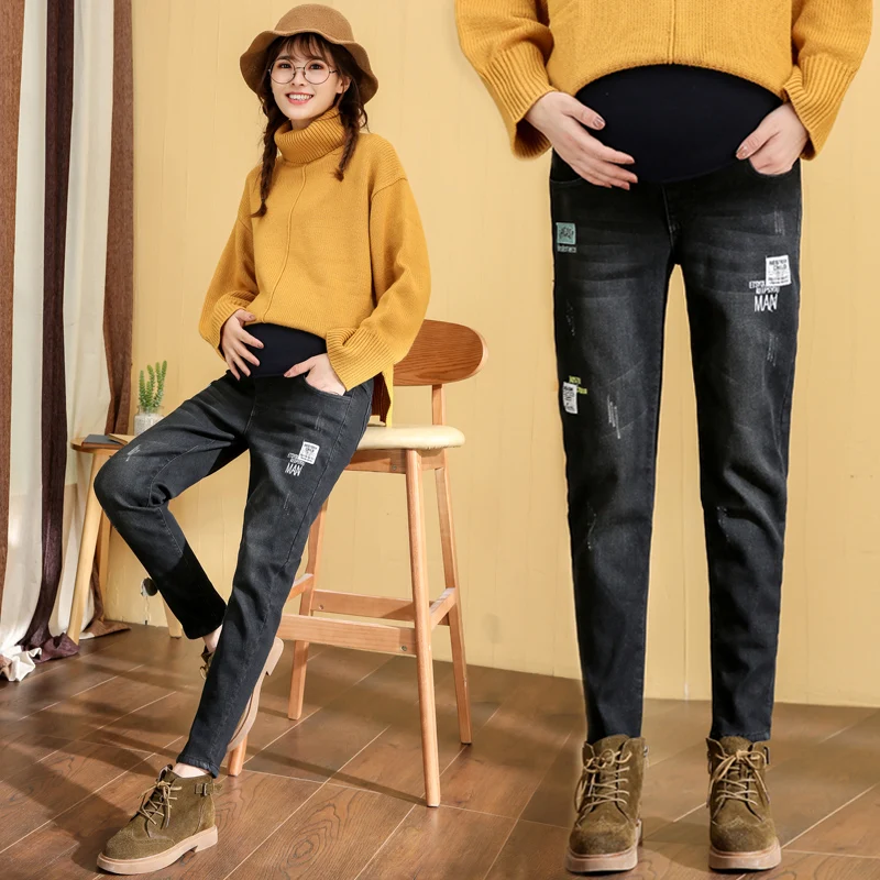 

Loose Casual Denim Pants Maternity Jeans For Pregnant Women Clothes Prop Belly Pregnancy black Jeans Abdominal Trousers