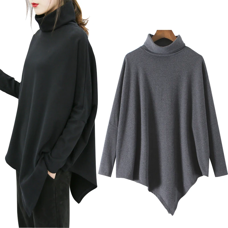 

Autumn and winter new loose large size high collar T-shirt women's long casual Batmobile T-shirt irregular coat