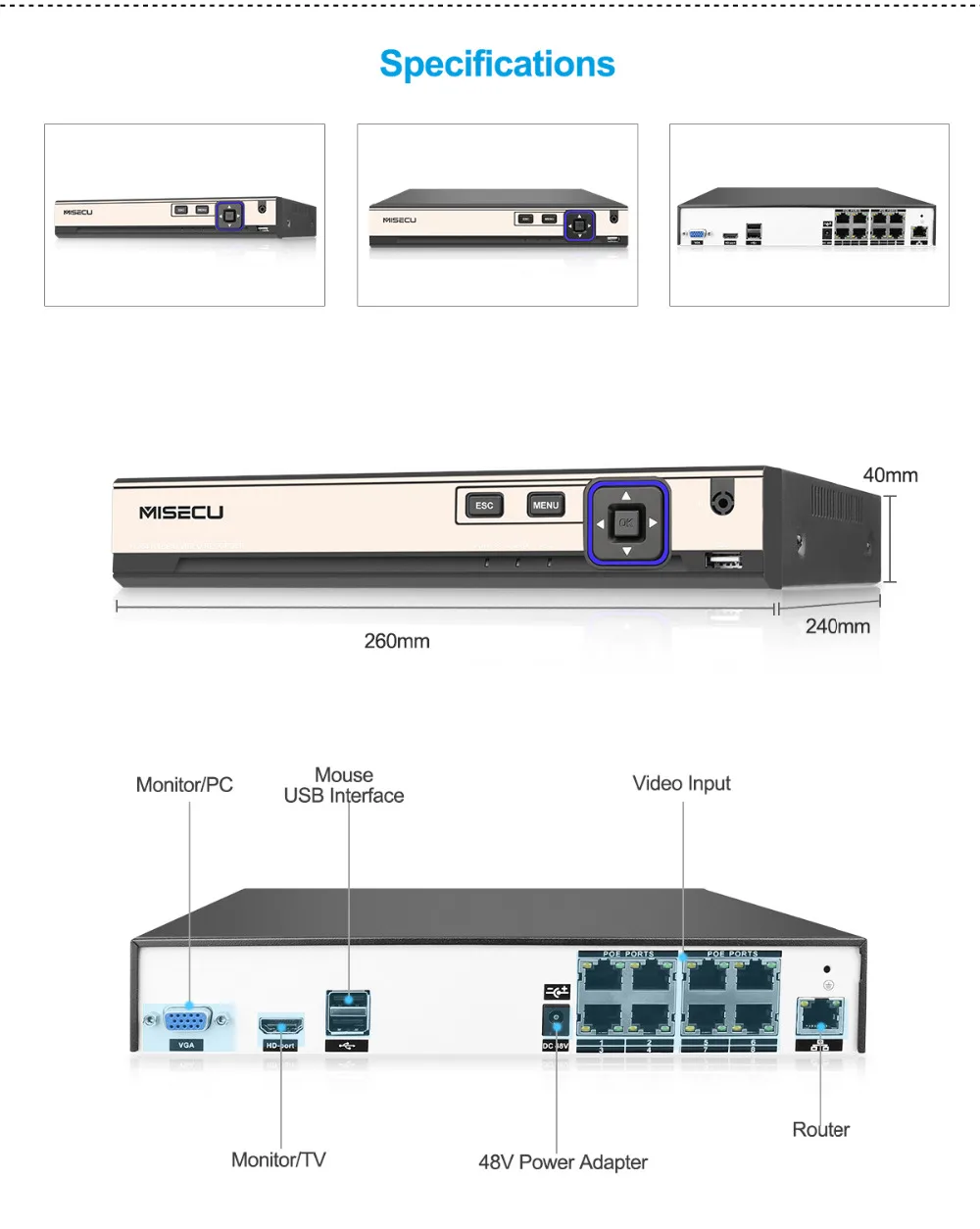 Misecu 4 К 48 В POE H.265/H.264 NVR 4*5 м/8*4 м/4*3 м/16*960 P P2P RS485 IEE802.3af CCTV ONVIF 5 м воспроизведения Hi3798M