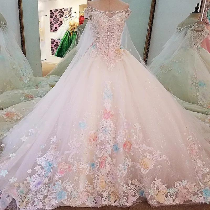 Backlake Luxury bridal gown off the shoulder beading 3D flowers ball gown lace wedding dress font