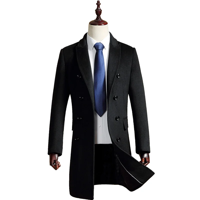 Aismz Brand Fashion Winter Men's Woolen Coat Long Section Double Breasted Wool Thick Trench Coats Male Fashion Causal Top