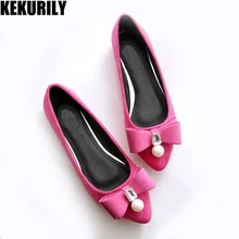 Обувь; женские флоковые балетки на плоской подошве; лоферы с бантом-бабочкой; шлепанцы с острым носком и жемчугом; слипоны; большие размеры; Цвет черный, фиолетовый, розовый, красный