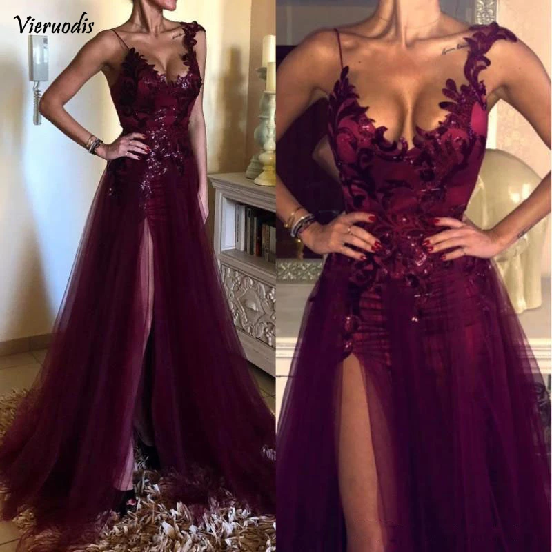 

2019 Sexy Spaghetti Straps Tulle A Line Long Prom Dresses Lace Applique High Split Sweep Train Formal Party Evening Gowns