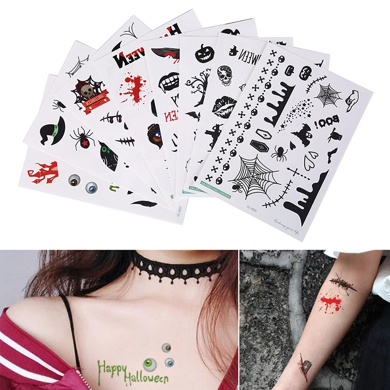1PCS 8 Styles Halloween Realistic Blood Injury Skull Pumpkin Waterproof Temporary Tattoo Sticker Scar Fake Tattoo Sticker