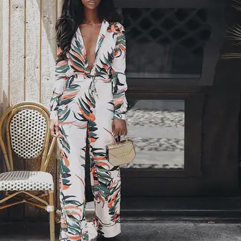 

vogue ladies deep v neck print jumpsuits women new long sleeve straight wide leg jumpsuit female high street clubwear trousers
