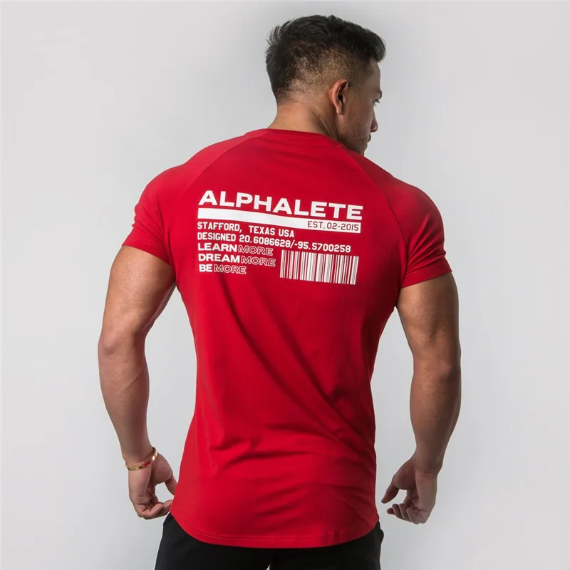 ALPHALETE Новая мужская футболка для тренажерного зала фитнес-футболки для бодибилдинга мужские модные футболки хлопок короткий рукав Повседневная брендовая одежда - Цвет: Красный