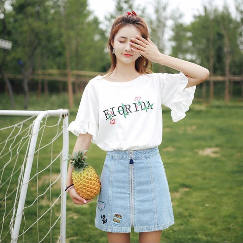 

2019 Summer T Shirt Women Casual Fashion Tops Flare Sleeve white simple tshirt Female #T01