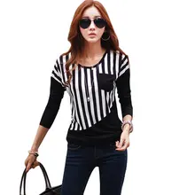 new 2017 winter autumn woman lady casual cotton stripe shirt tee top long sleeve O-Neck Blouse patchwork basic blusas M~XL D0450