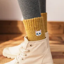 Шерстяные зимние носки, утолщенные теплые шерстяные носки с вельветовой вышивкой в виде кота, школьные ветрозащитные носки, женские носки