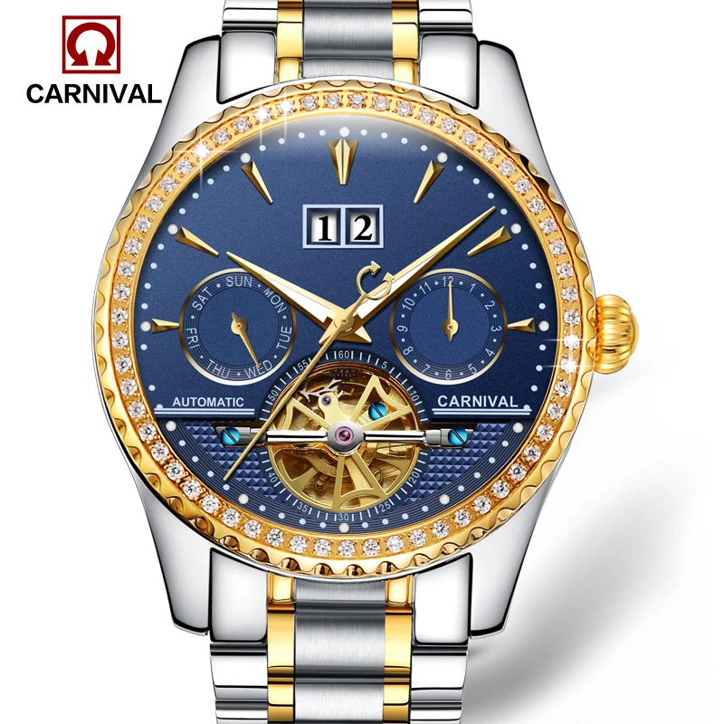 

Carnival Watch Men Automatic Mechanical Luminous Gold Stainless Steel Waterproof Date Week tourbillon Blue Watches