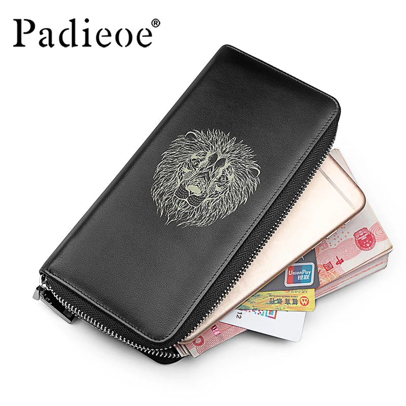 Padieoe Men Wallets Genuine Leather Zipper Long Wallet Purse Organizer Lion Pattern Clutch Bag