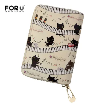 

FORUDESIGNS Women Zipper Credit Card Holder Leather Fashion Cardholder Music Nite with Cute Animal Cat Girls Lady ID Holder Bags