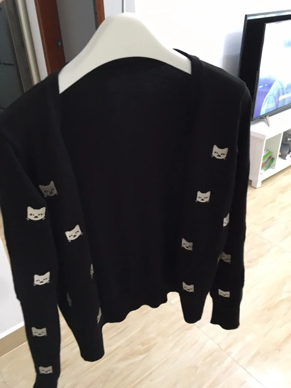 Осень 2018 Новая мода вязать кардиган женские вышитые кошка свитер v-образным вырезом с длинными рукавами Толстовка