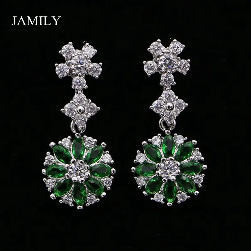 

Elegant 925 Sterling Silver Jewelry Green Cubic Zirconia Stones Bridal Long Earrings For Women