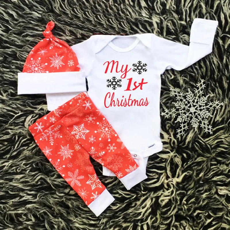 

2017 Newborn Baby Girl Clothes My First Christmas Baby Bodysuit Tiny Cottons Autumn Long Pants Hat 3pcs Clothing Sets Outfits