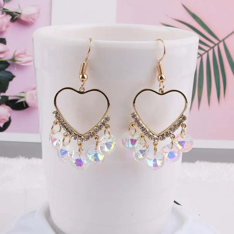 

Fishion Style Colorful crystal Heart Tassel Clip On Earring temperament personality Fit Non Pierced For Women Girl Gift Clip Ear