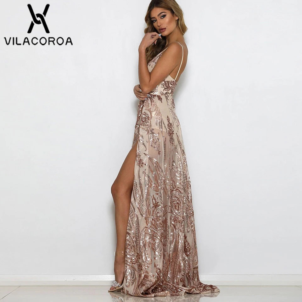 Модное Вечернее платье с золотыми блестками для женщин, Vestidos De Festa, с v-образным вырезом, на тонких бретелях, с разрезом, макси платье, женское Клубное сексуальное длинное платье