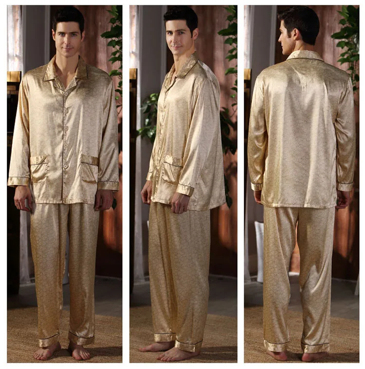 Middle Aged Men's Spring Autumn Pajamas Suits Two Piece Fake Silk Pajama Thin Night Wearing Clothes For Men 2018 New JW330 (8)