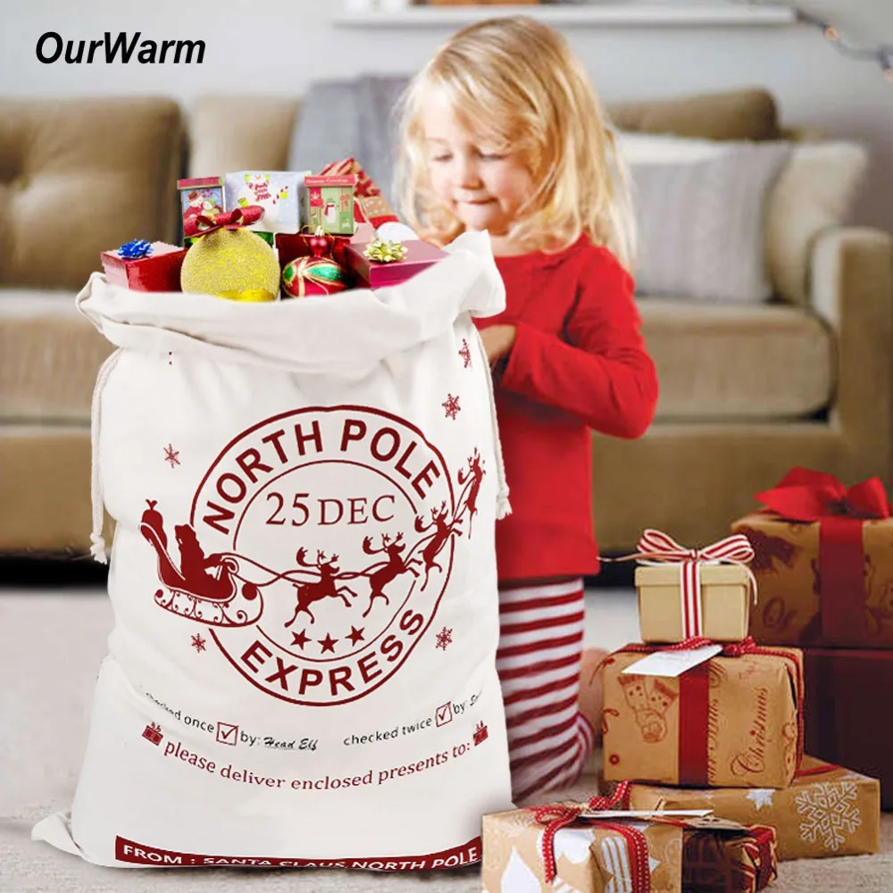 Canvas Santa Bags with Drawstring Christmas Gift Large Christmas Sacks 50X70cm
