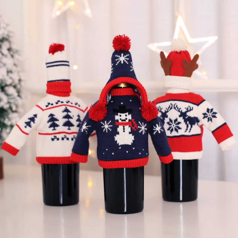 New Christmas creative knit wine bottle set restaurant decor champagne Santa hat | Дом и сад