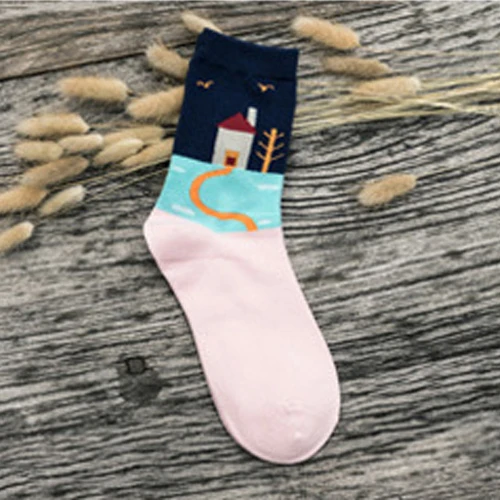 Новые осенние Носки с рисунком дома, Женский скейтборд Харадзюку, короткие носки, модные мягкие хлопковые носки, низкие забавные носки - Цвет: Тёмно-синий