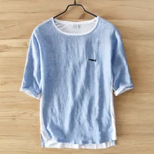 Мужская Летняя мода, брендовая футболка в японском стиле с вышивкой Кита, хлопковая льняная футболка с коротким рукавом и круглым вырезом, мужская повседневная тонкая футболка