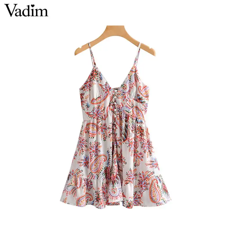 

Vadim women sexy V neck print mini dress sleeveless backless spaghetti strap pleated female casual cute dresses vestidos QB544