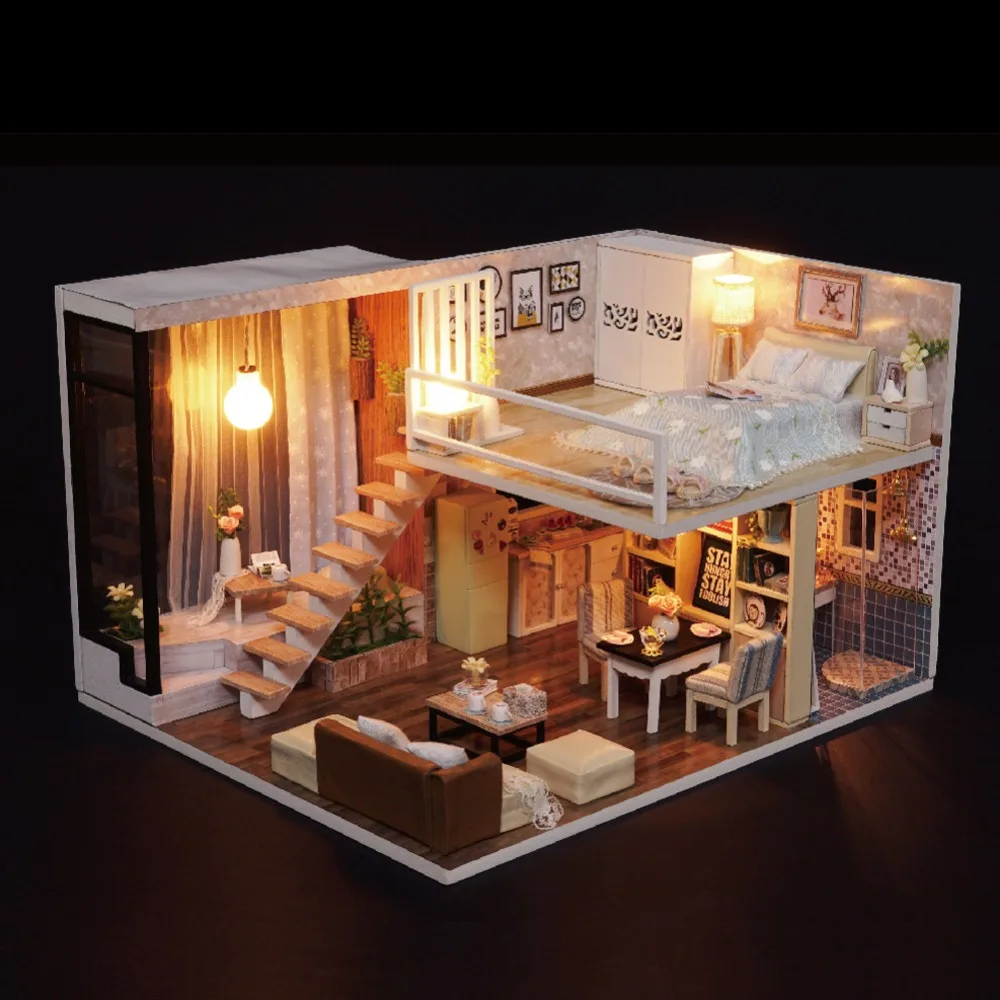 DIY Dollhouse Accessories Toy Creative Gift Smart Dolls House light blue time Birthday House Model Toys for children