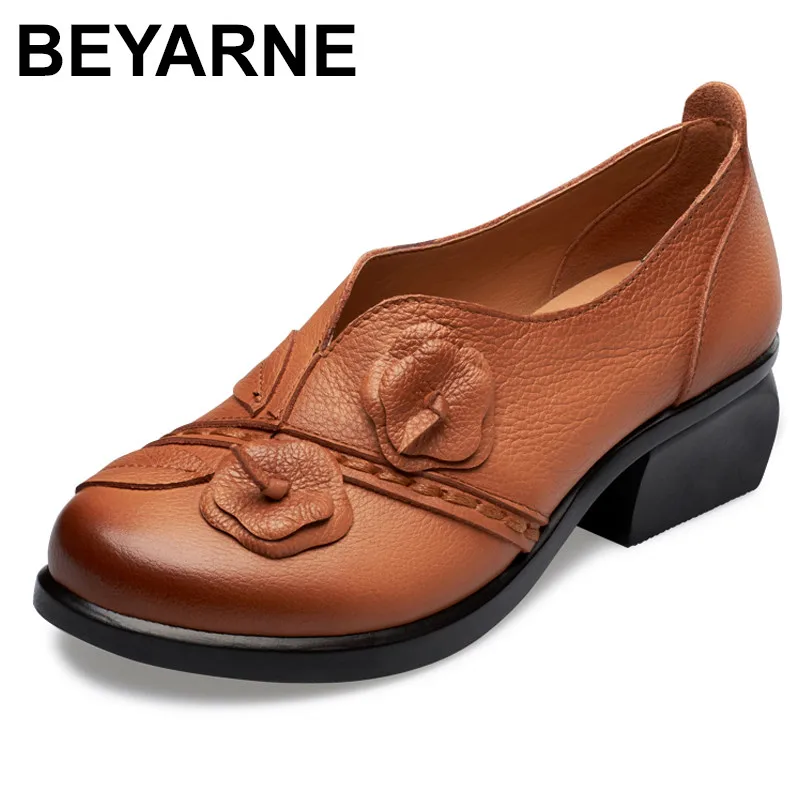 

BEYARNE 2018 Retro Style Handmade Pumps Genuine Leather Mid Heels Round Toe Low Heels Women Shoes
