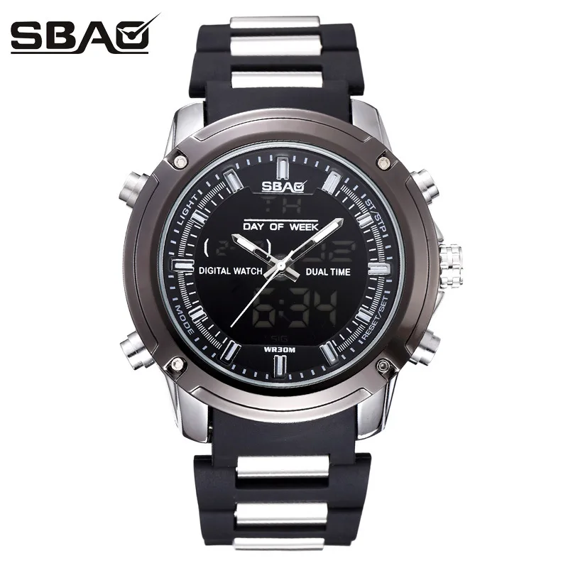 

2018 Fashion Sbao Brand Men Watch Dual Display Luminous Hands Calendar Alarm Week Male Wristwatch Business Sport Watches S-9007