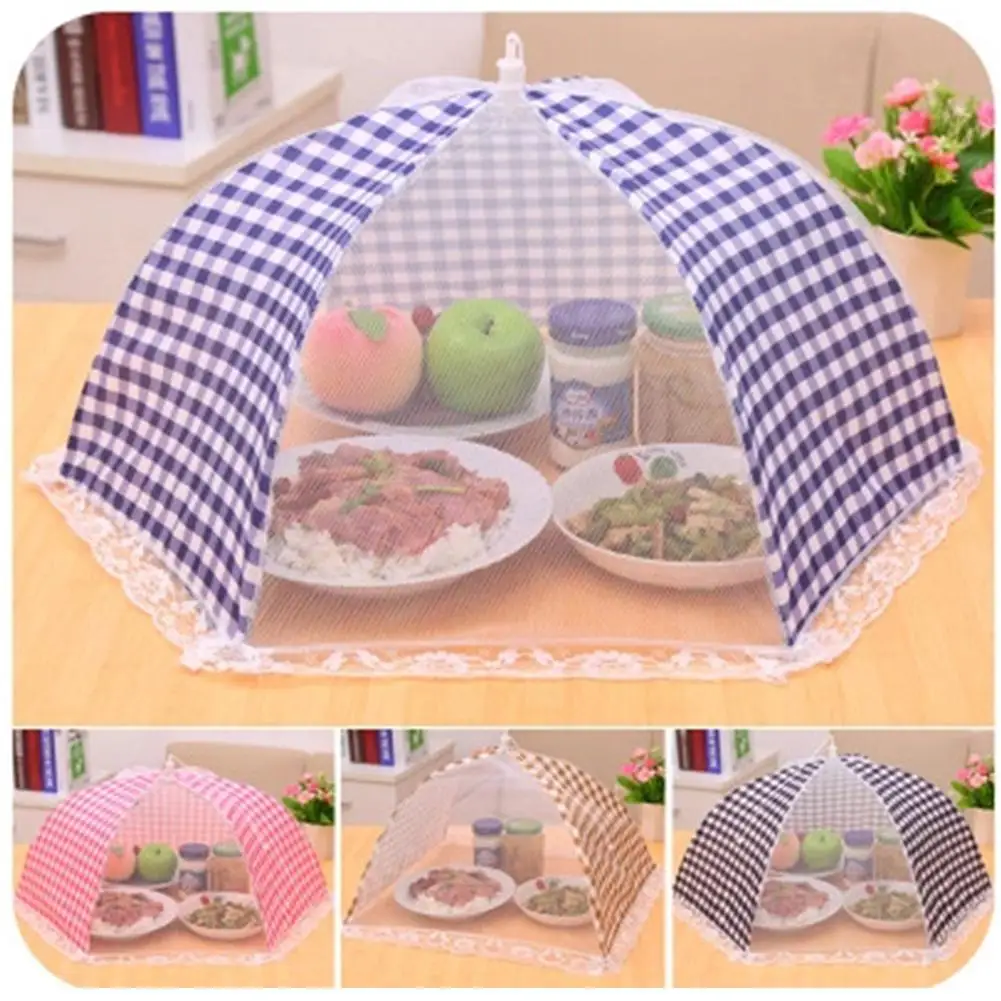 

Simple Plaid Folded Round Meal Cover Large Dining Table Anti-Flies Food Fruit Breathable Cover
